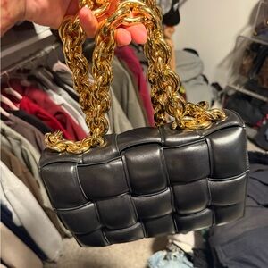Bottega Veneta Black Padded cassette Crossbody with Gold Chain
